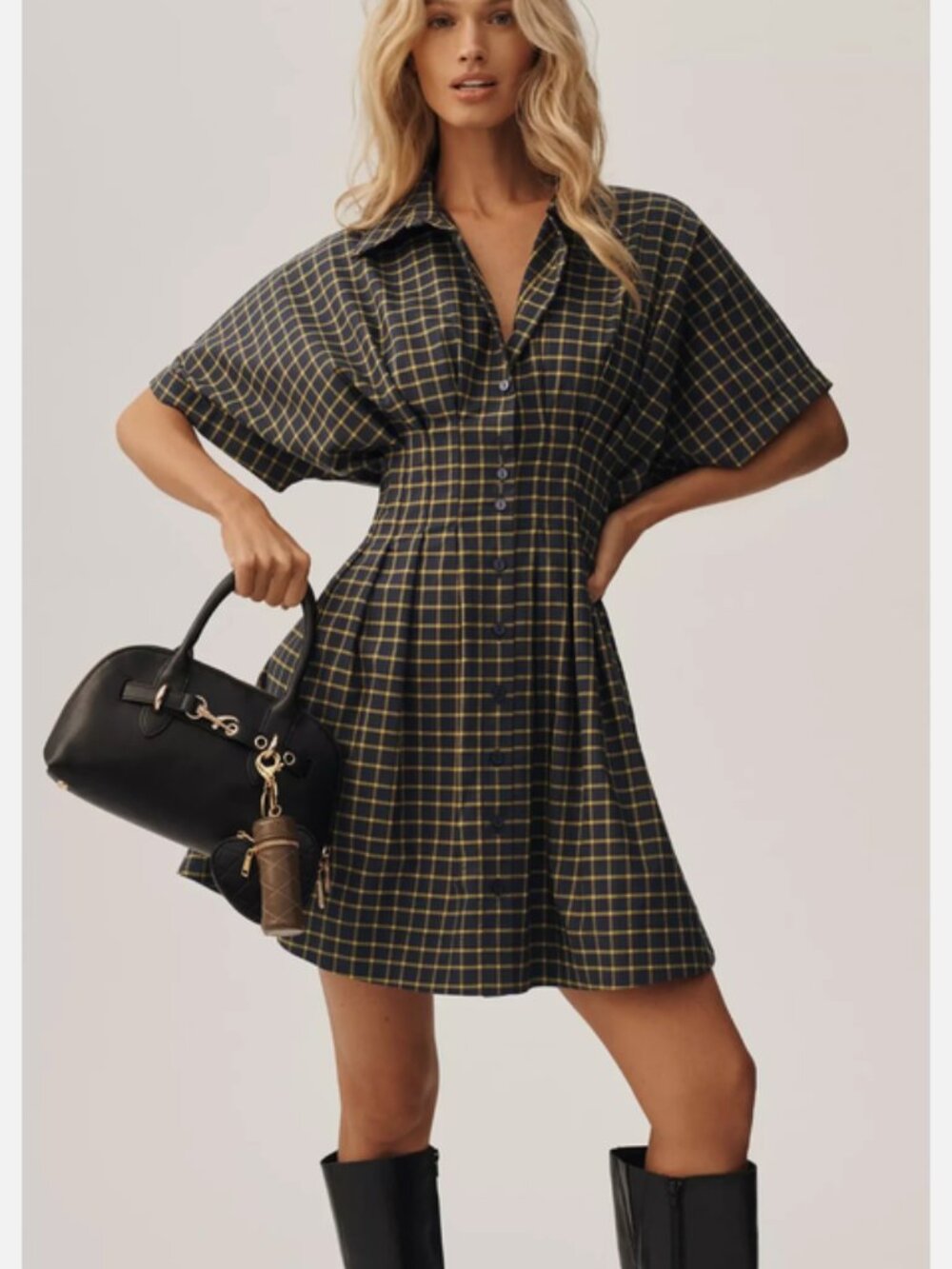 Anthropologie Tobie Mini Shirtdress by Exquise Navy Plaid LP NWT L Large Petite